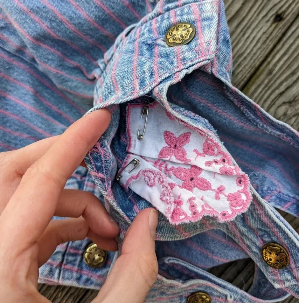 Vintage Oshkosh B'Gosh 6/9 M Vestbak Overalls Striped Denim Blue Pink